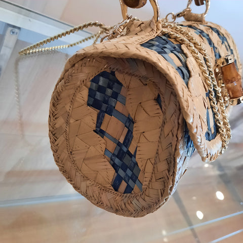 Stacy Mini Straw Crossbody Bag | Blue and Natural Ric Rac and Spider Web