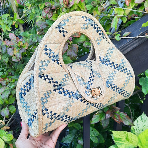 Nia Straw Tote Bag | Blue and Natural Checker